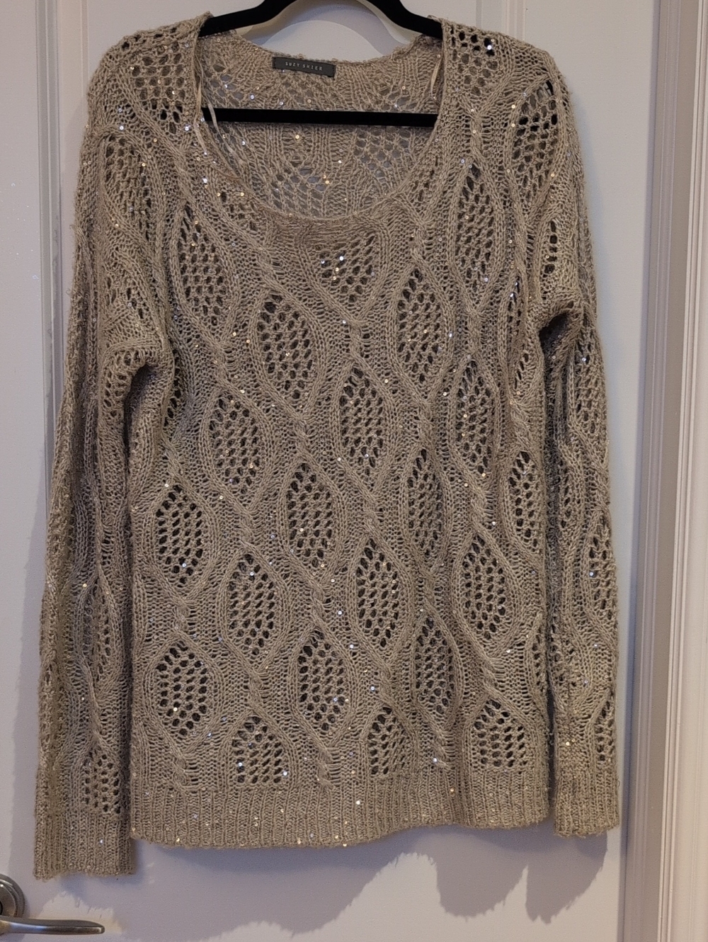 Suzy Shier Sequin Knit Sweater - Beige - Fits S/M